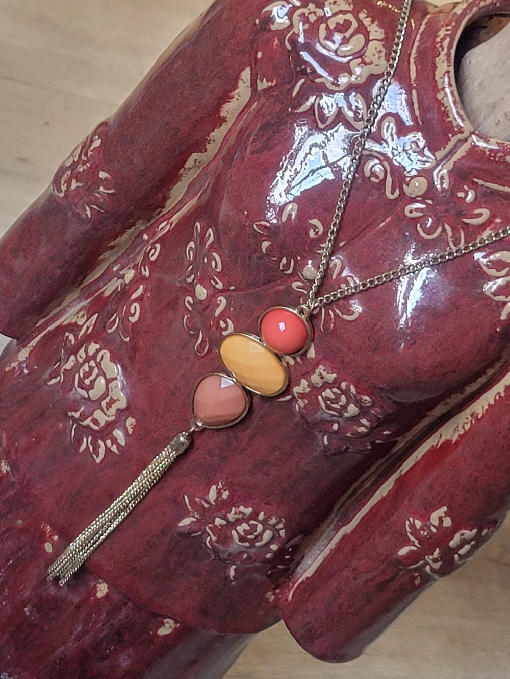 3 FOR $40 Boho Gold Tassel Statement Necklace Peach Coral Yellow
